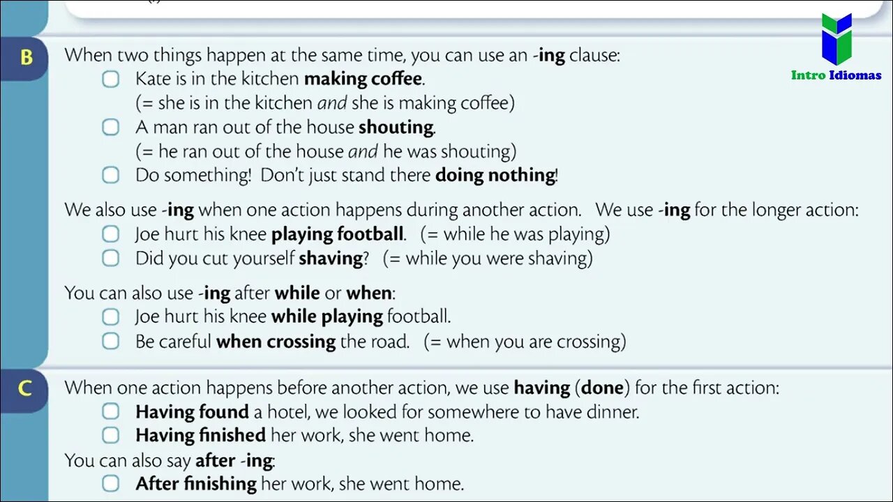 068 - ENGLISH GRAMMAR IN USE - Unit 68 - ing clauses Feeling tired, I went to bed early