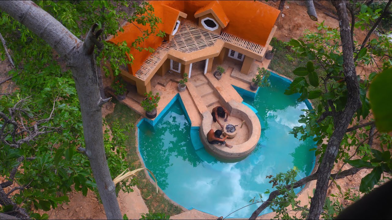 We Build Beautiful Swimming Pool And a Simple Survival Red House In the middle of a deep forest