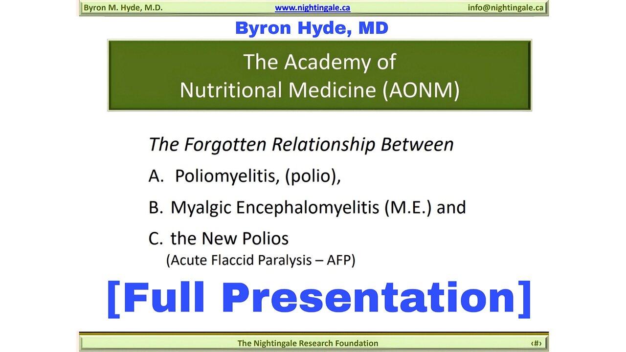 The Forgotten Relationship between Poliomyelitis, Myalgic Encephalomyelitis (M.E.) (aka Enteroviral Encephalomyelitis) and Acute Flaccid Myelitis (AFM) - Byron Hyde, MD @ The Academy of Nutritional Medicine (AONM) (2019) (Auphonic A.I. Sound Remaster)