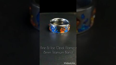 Flames Titanium Ring Inlaid With Fire And Ice Crushed Opals. YinYang Theme. www.TwinFlameRings.com