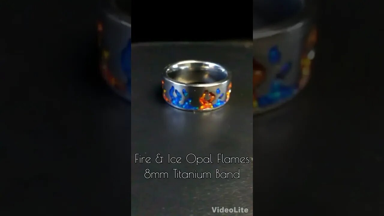 Flames Titanium Ring Inlaid With Fire And Ice Crushed Opals. YinYang Theme. www.TwinFlameRings.com