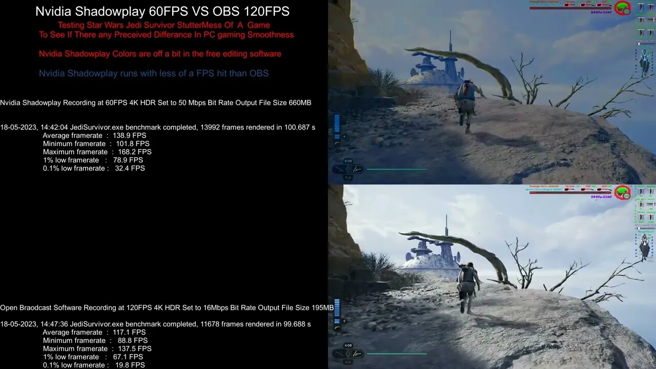 Nvidia Shadowplay 60FPS VS OBS 120FPS STAR WARS Jedi Survivor DLSS 3 MOD 4K HDR Ray Tracing