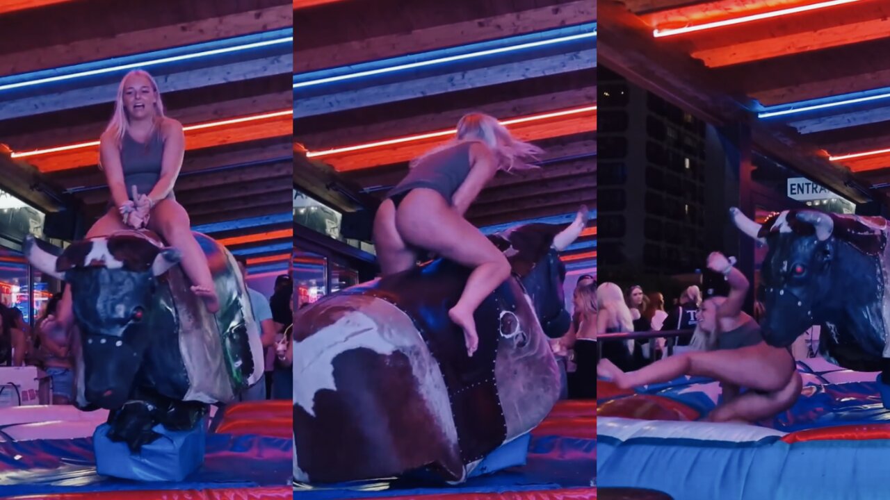 Benidorm Bull Ride Fail - Pretty Girl On Mechanical Bull. SPAIN 4K. September 2024