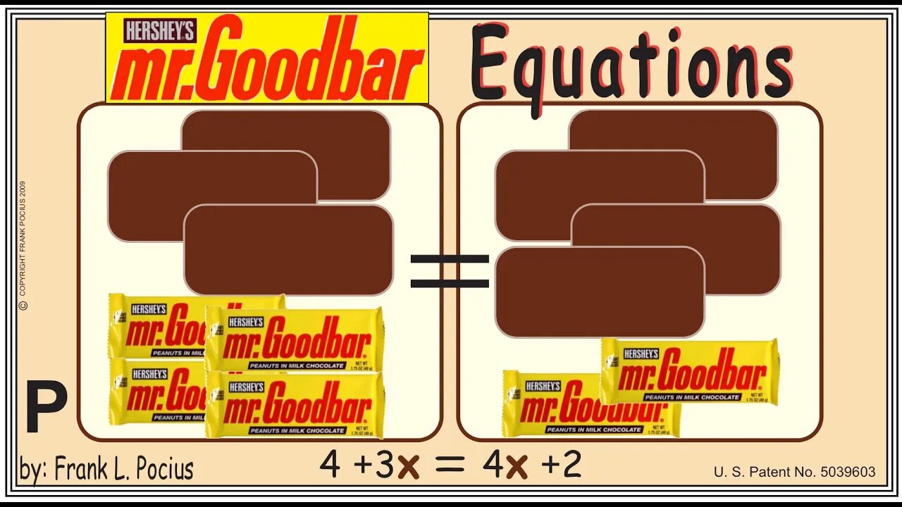 VISUAL mrGOODBAR 4+3x=4x+2 EQUATION _ SOLVING BASIC EQUATIONS _ SOLVING BASIC WORD PROBLEMS