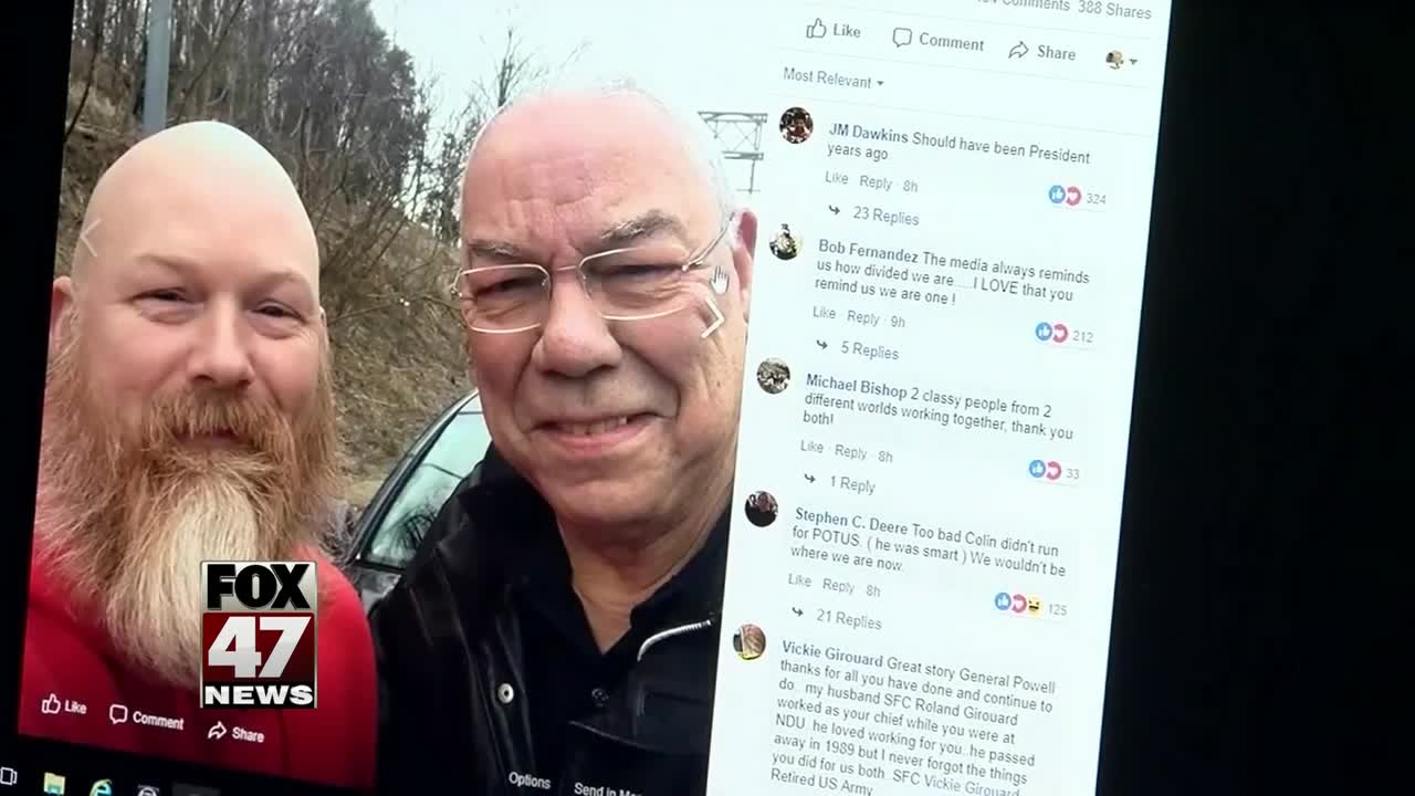 Veteran who lost leg in Afghanistan helps Colin Powell change tire