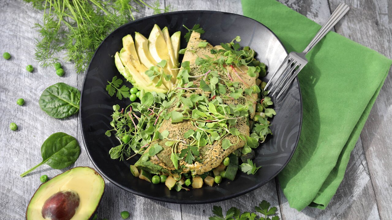 Healthy, Gluten and Dairy Free Breakfast Idea. Veggie Loaded Green Goddess Omelet.