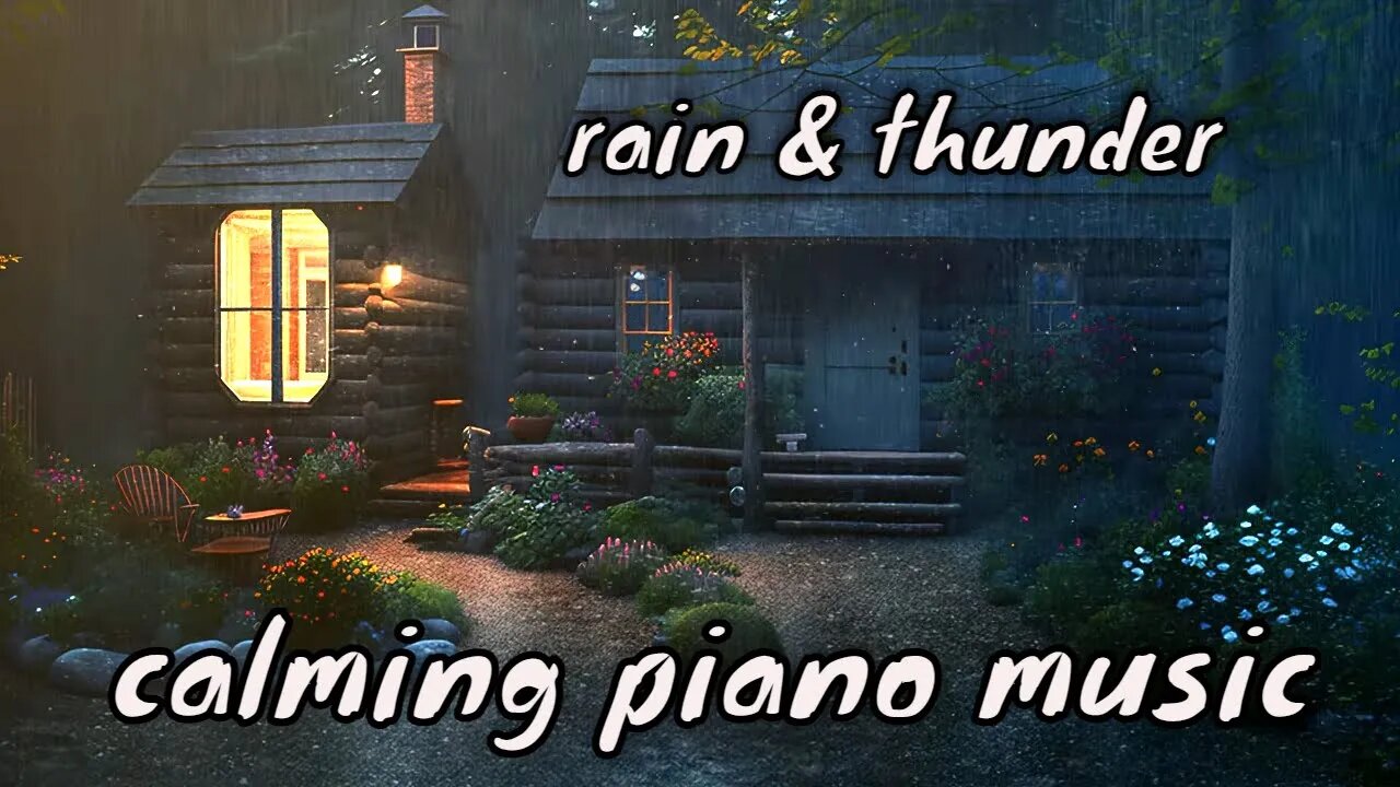 cozy cabin in the woods with heavy rain and thunder sound - calming piano music