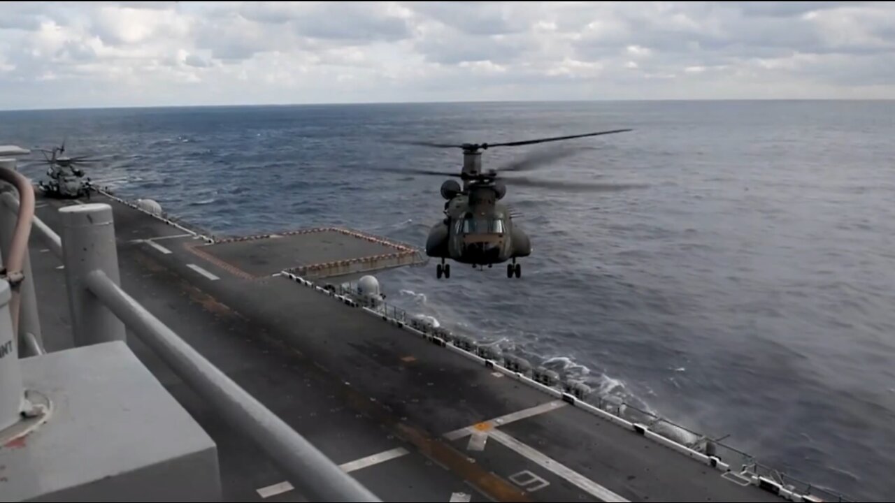 Japanese CH-47J Chinook helicopter landing on Amphibious Assault Ship USS America - LHA 6