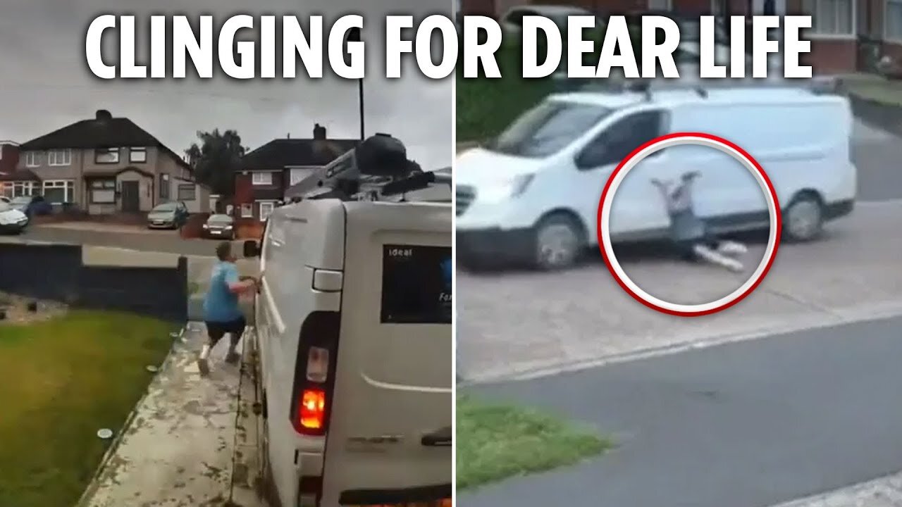 Horror moment dad is dragged along road by stolen van before he's nearly crushed under wheel