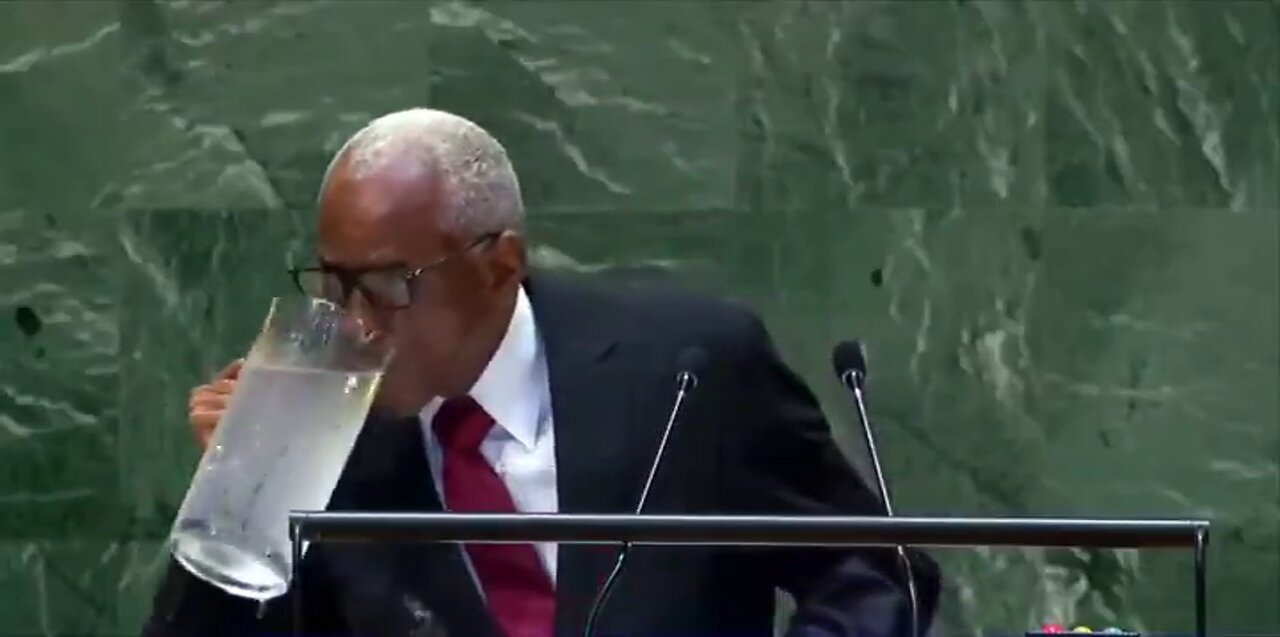 They even staged Haitian politician at the UN the way he drinks out the pitcher eating pets psyop