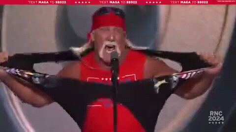 American icon Hulk Hogan rages and rips his shirt off. He really fires up RNC crowd!!😁🤣🤣👏🏽💪