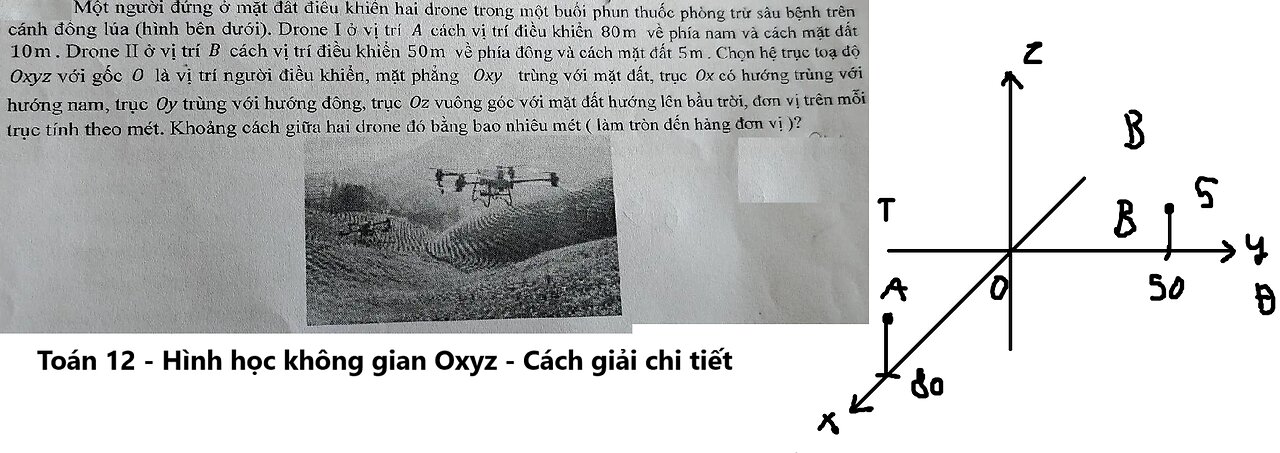 Toán 12: Một người đứng ở mặt đất điều khiền hai drone trong một buổi phun thuốc phòng trừ sâu bệnh