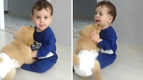 Baby Adorably Tries To Escape Sweet Puppy Kisses