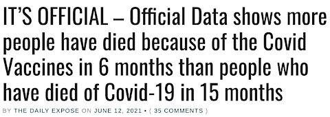 Official Data shows more people have died of the Covid Vax in 6 months than of Covid19 in 15 months.