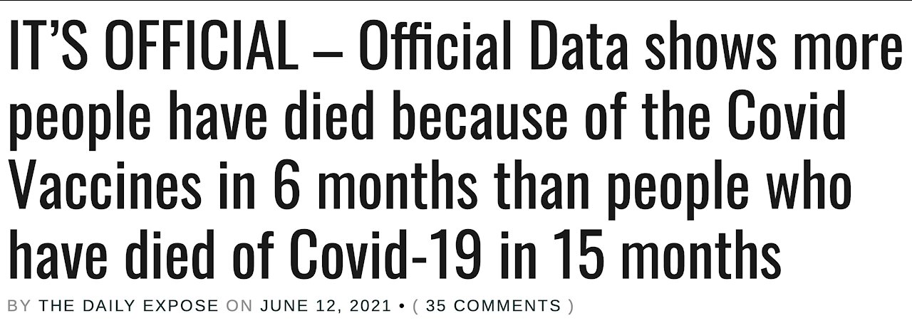 Official Data shows more people have died of the Covid Vax in 6 months than of Covid19 in 15 months.