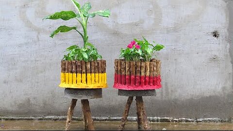 Recycling wood stick and cement into beautiful flower pots for small garden