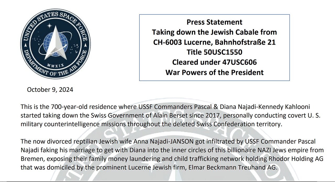 PRESS STATEMENT - TAKING DOWN THE JEWISH CABAL FROM LUCERNE