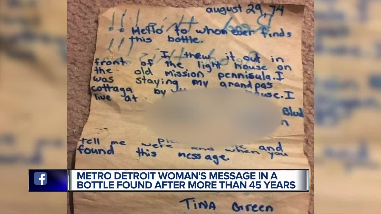 Metro Detroit woman's message in a bottle found after more than 45 years