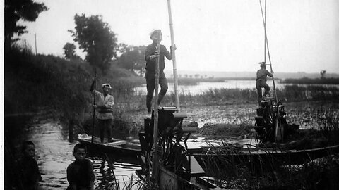 Irrigation with water pumped by foot while singing the Japanese song Furusato together with pictures
