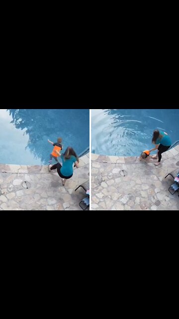 Mom saves kid after jumping in the pool