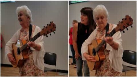 90-year-old lady performs a song about aging at her birthday party