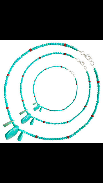 Small size turquoise beads necklace red Coral with Free-shape pendant Unique Gifts for Women