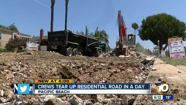 Crews tear up Pacific Beach residential road in a day