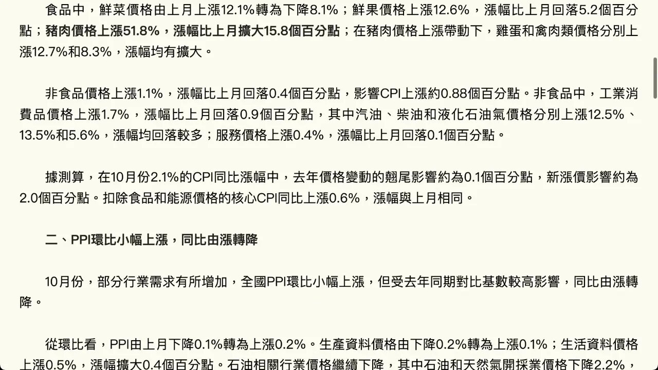10月CPI同比上漲2.1%，豬肉價格漲51.8%