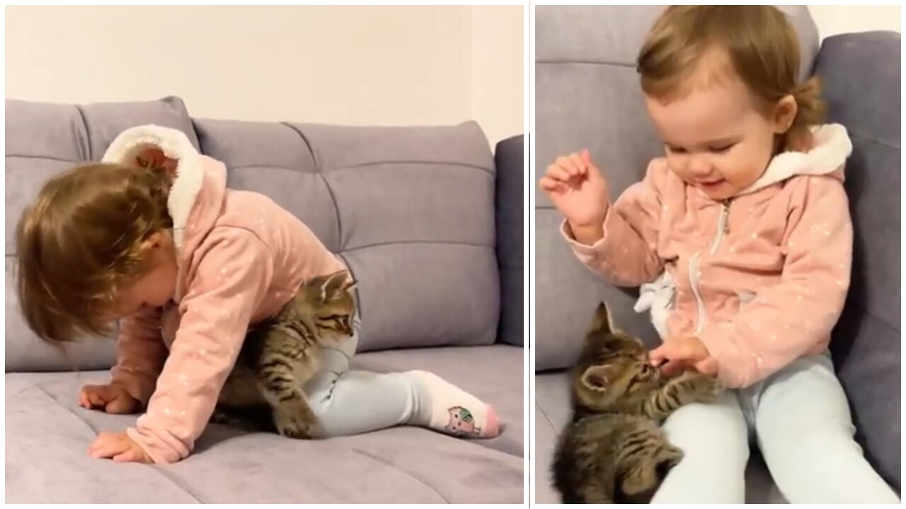 Cute Baby Meets New Baby Kitten for the First Time!