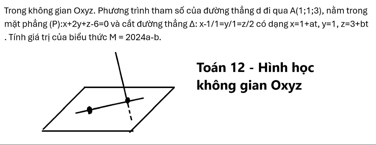 Toán 12: Trong không gian Oxyz. Phương trình tham số của đường thẳng d đi qua A(1;1;3) nằm trong