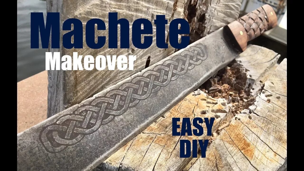 DIY easy Machete Makeover with Celtic blade etching and carved basket weave handles