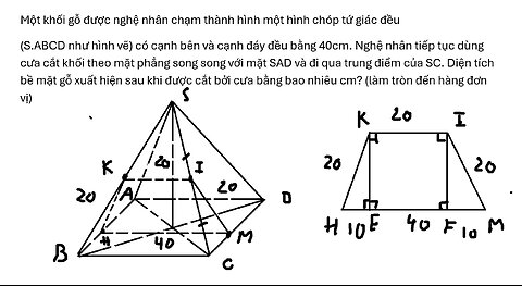 Một khối gỗ được nghệ nhân chạm thành hình một hình chóp tứ giác đều (S.ABCD như hình vẽ)