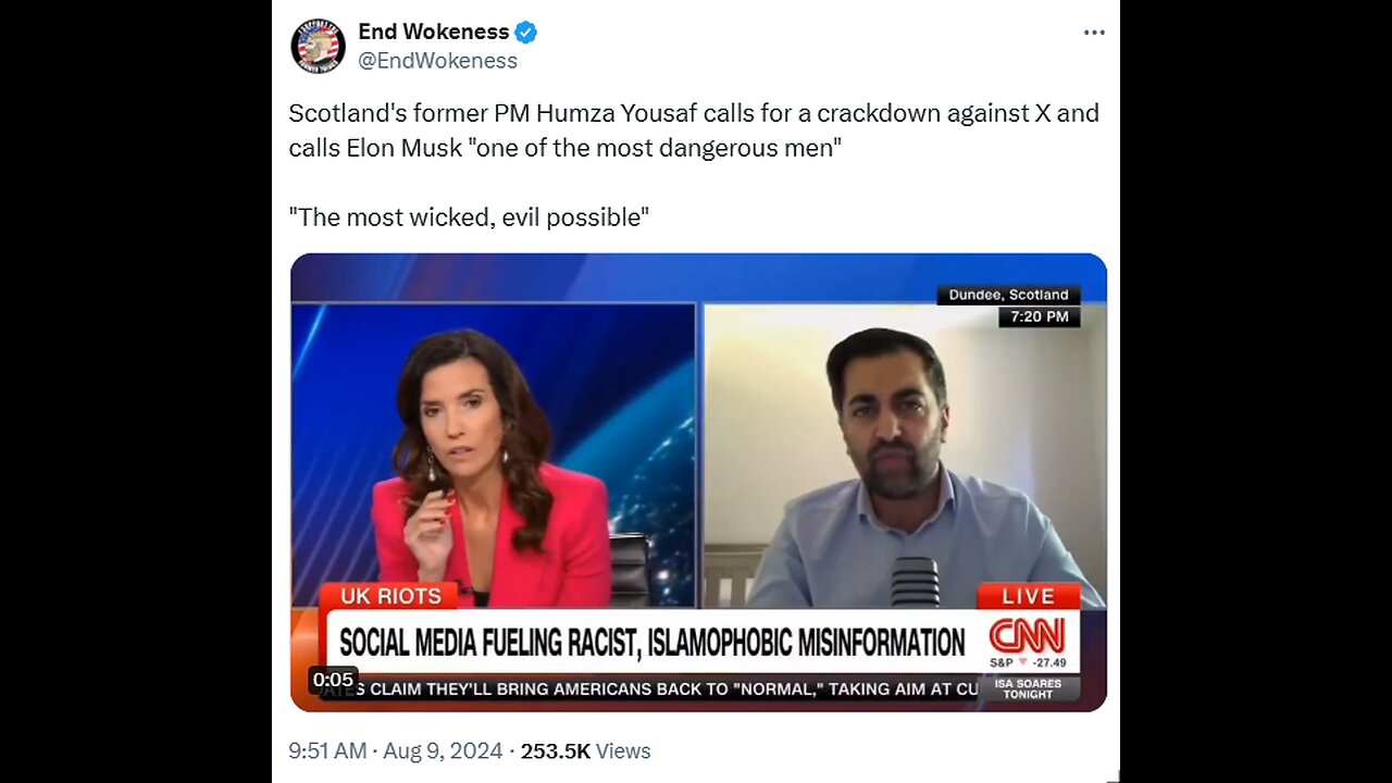 Yousaf calls for a crackdown against X and calls Elon Musk "one of the most dangerous men"