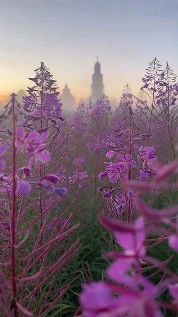 💛 Foggy morning in the fireweed field in the village of Velikoretskoye