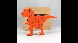 Wood Dinosaur Tray Puzzle, Handmade and Finished with Amber Shellac and Orange Paint Normal Sound