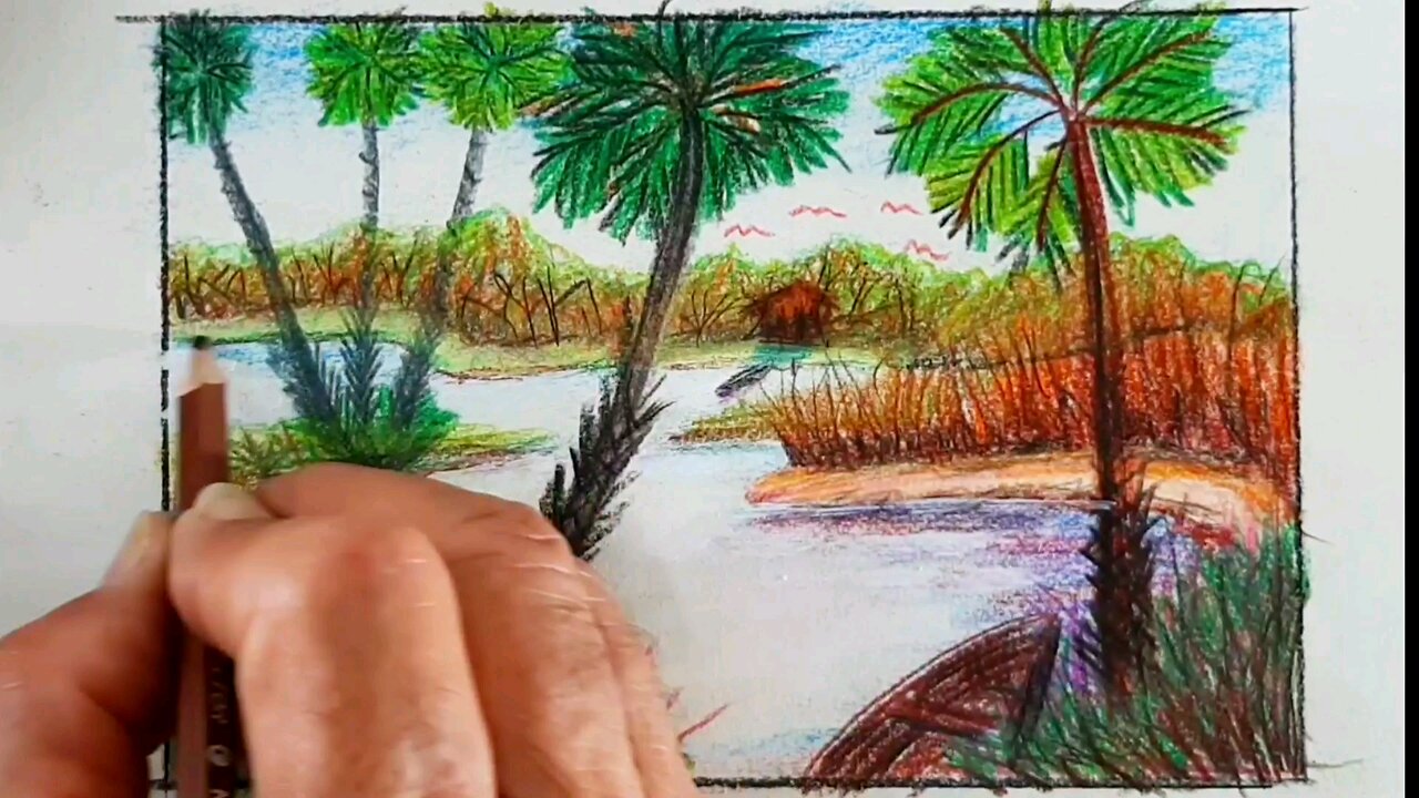 Como desenhar e pintar lagoa e carnaubas com lápis de cor