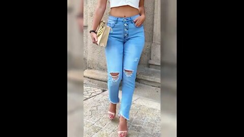 link in the comment to buy it : Buttoned Pocket Design Ripped Cutout Denim Pants: