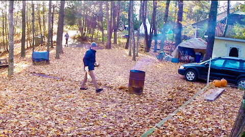 Autumn leaf rake and burn - Timelapse