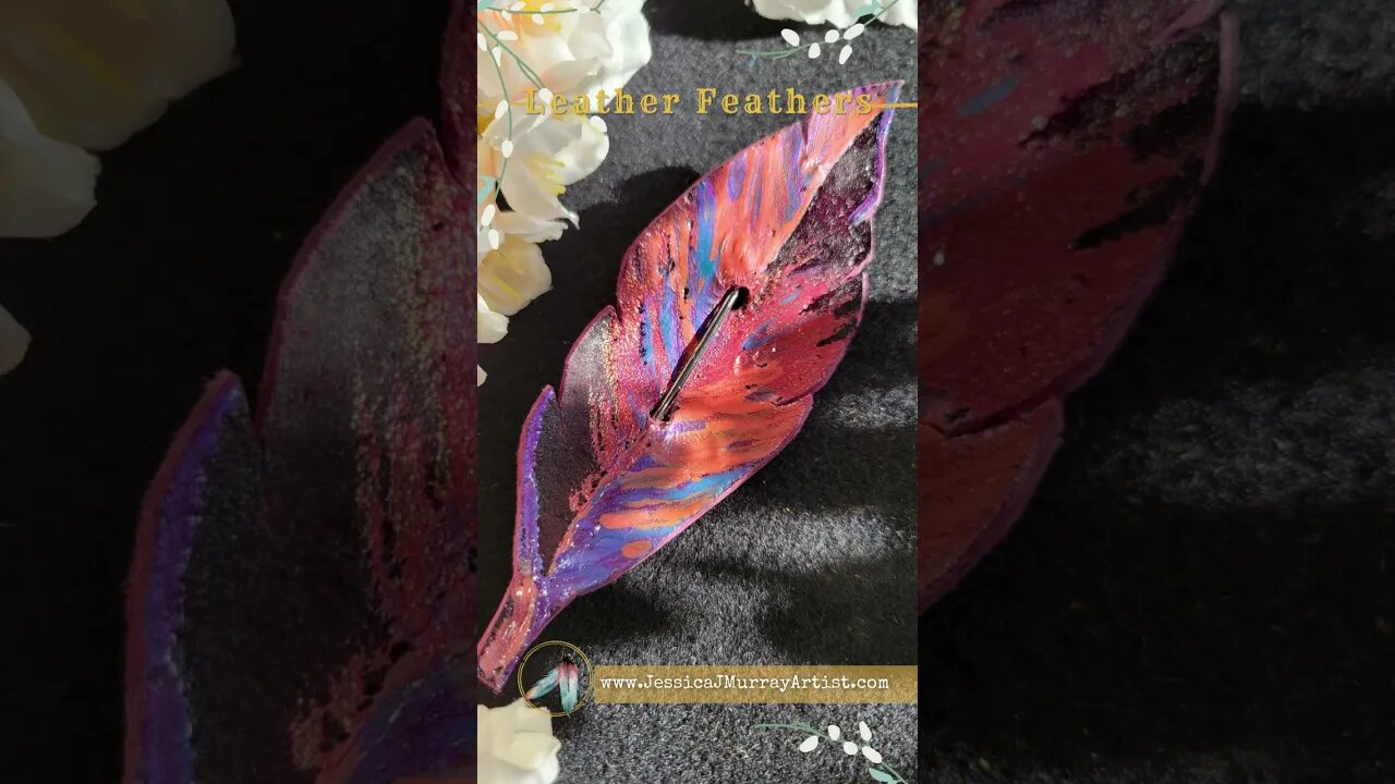 SALMON AND LILACS, 4 inch, leather feather scarf pin