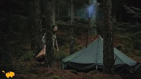 Camping, chopping firewood, making a fire, cooking smoke, living alone in the mountain forest, who s