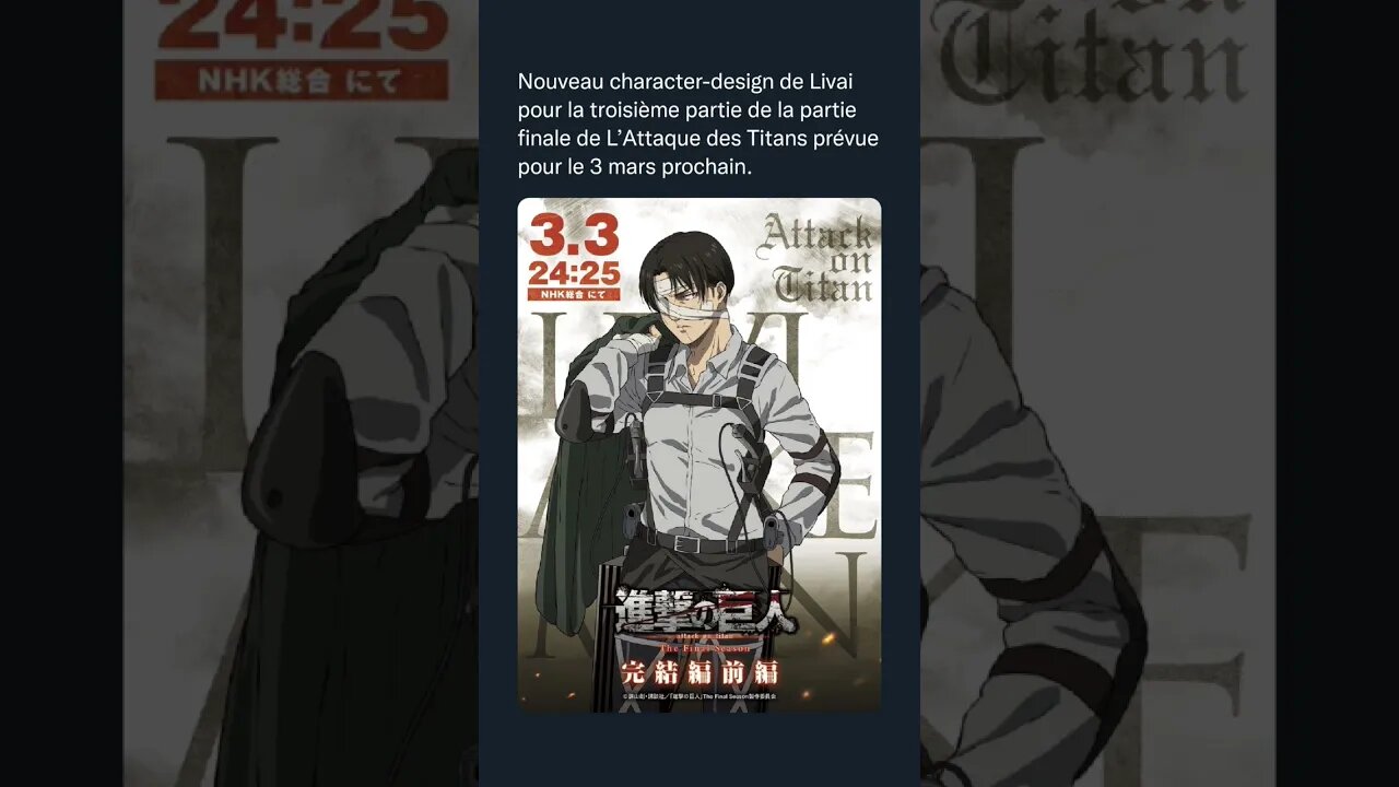 Livai pour la troisième partie de la partie finale de L’Attaque des Titans prévue pour le 3 mars