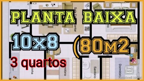 planta baixa 10x8 com 3 quartos (80m2