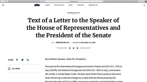 President Trump Issued an Executive Order Relating to Communist Chinese Military Company