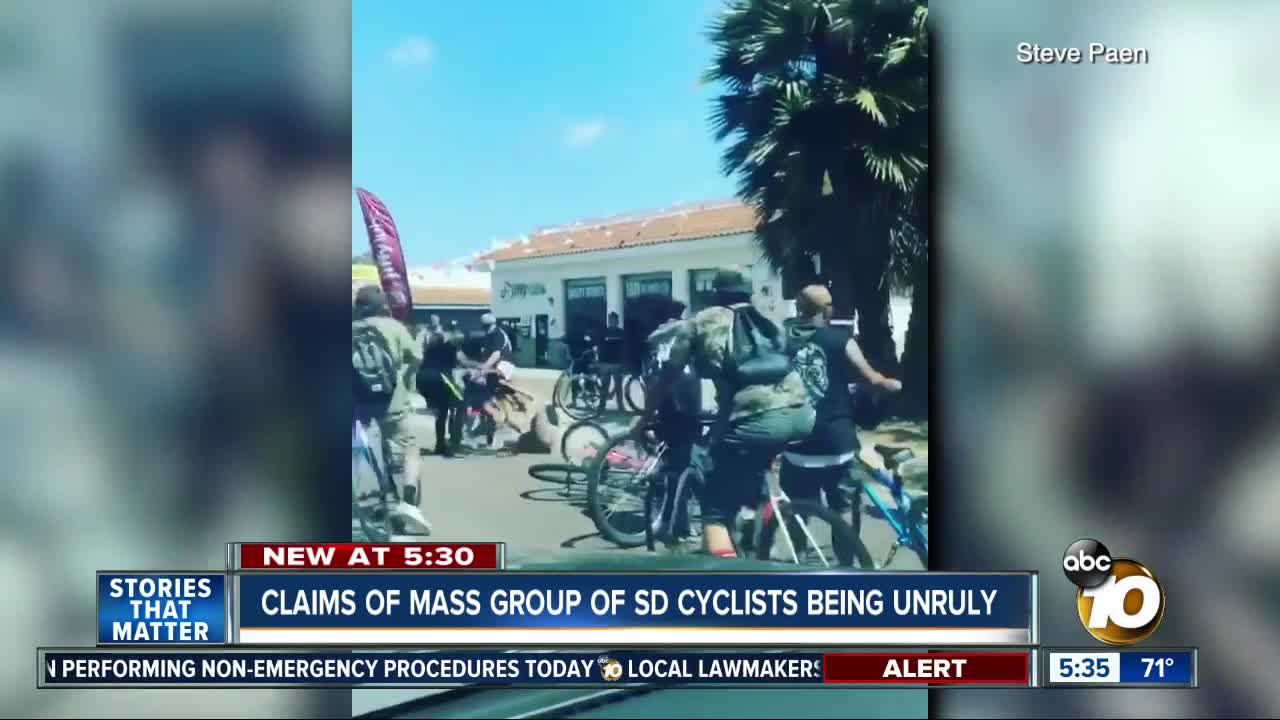 Claims that mass group of SD cyclists became unruly, video of a fight