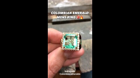 Square large statement size signet Colombian emerald and diamond halo three stone mens ring 14K