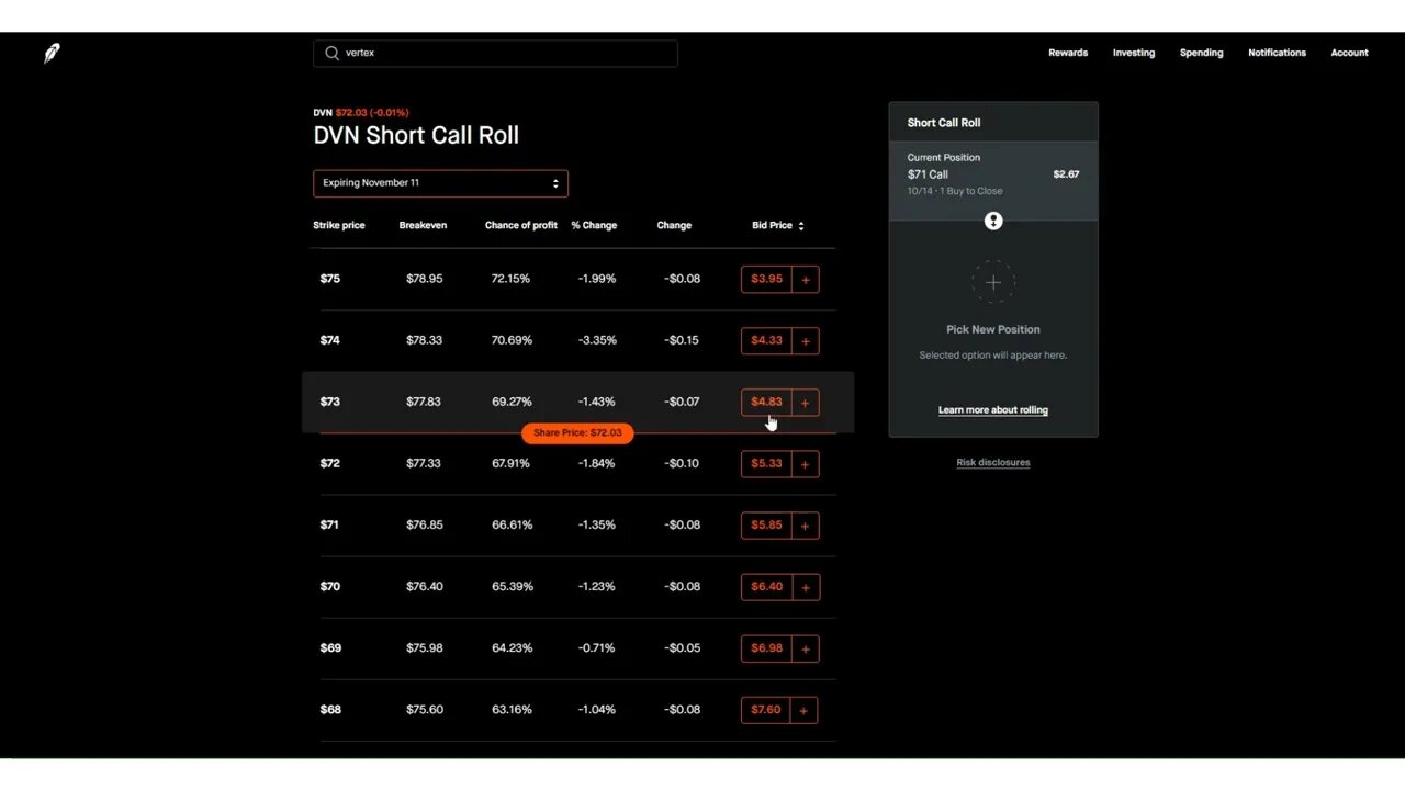 Rolled DVN Call and received $210.00