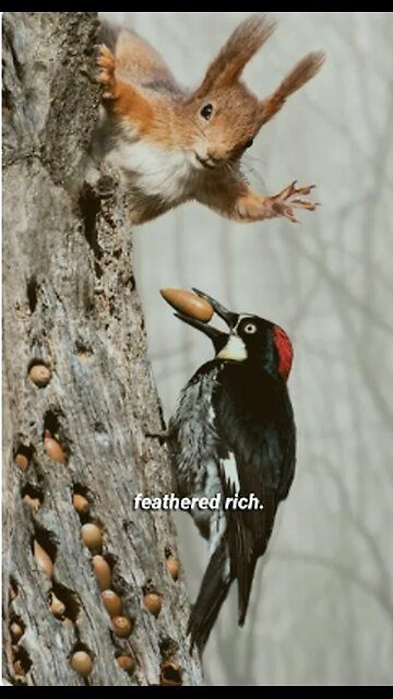 Squirrel Steals Acorn, Woodpecker Retaliates!