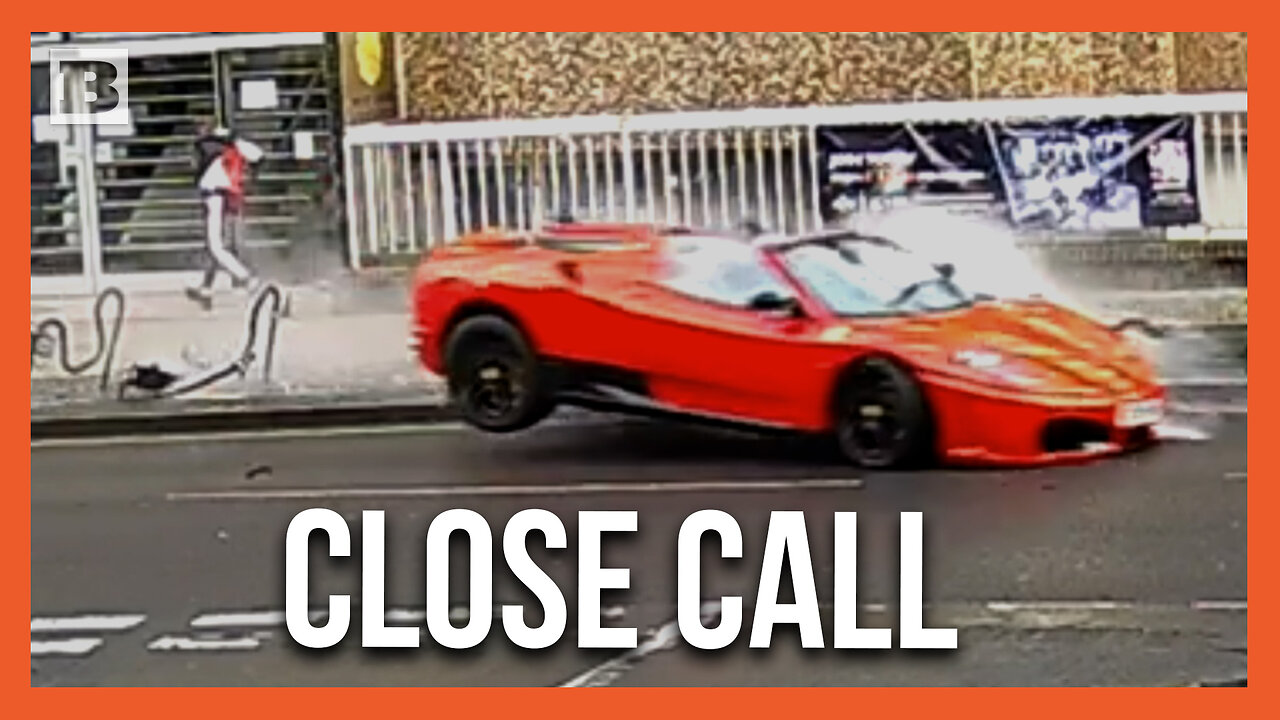 Ferrari Smashes Into Bike Rack Nearly Hitting Runner