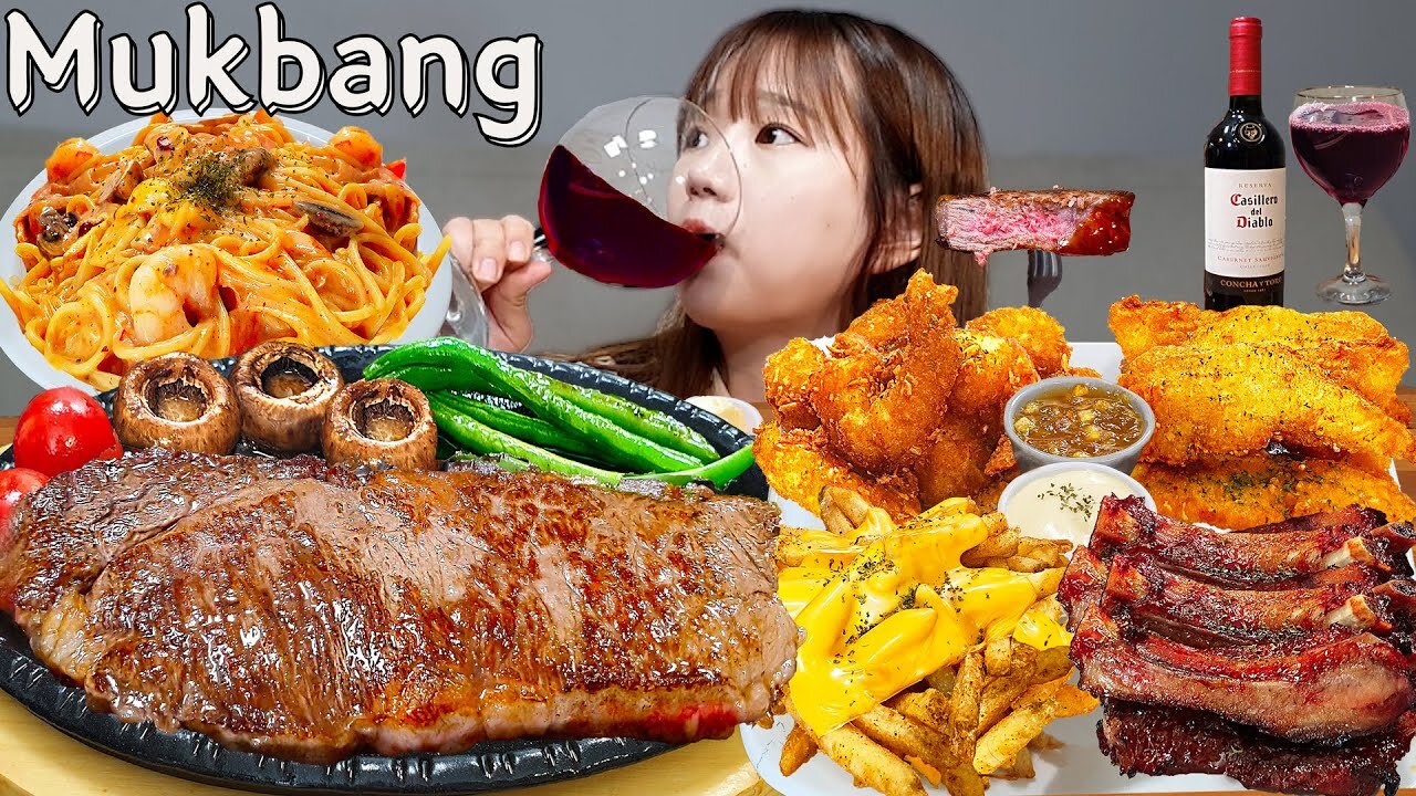 Sub)Real Mukbang- Steak, Pasta, Pork Back Ribs 🥩 (Home Restaurant 🍽) Wine 🍷 ASMR KOREAN FOOD