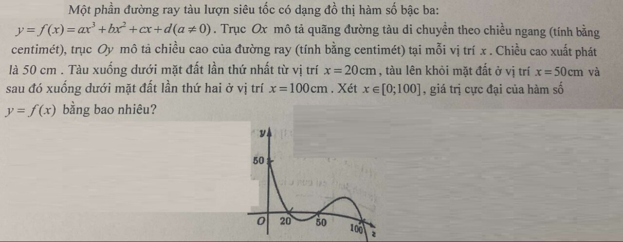 Toán 12: Một phần đường ray tàu lượn siêu tốc có dạng đồ thị hàm số bậc ba: y=f(x)